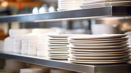 Captivating Beauty: A Close-Up of Stacked Ceramic Ware in an Industrial Bakery Kitchen