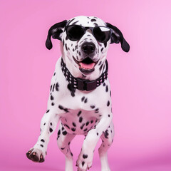 Dalmatians dog with black glasses running on a clean pink background