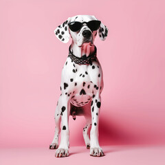 Dalmatians dog with black glasses standing on a clean pink background