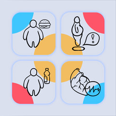 Exercise for weight loss line icon. Dumbbell, kettlebell, xxxl t-shirt, fruits, proper nutrition, diet, overweight problem. Neomorphism style. Vector line icon