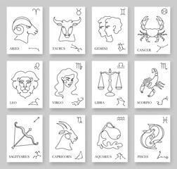 Fototapeta premium Continuous one line zodiac signs. Minimalistic horoscope cards with zodiac symbol, illustration, and constellations vector outline art set
