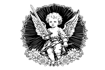 Little angel with sword in frame vector retro style engraving black and white illustration. Cute baby with wings.