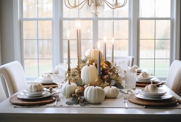 Thanksgiving elegant table setting with pumpkins, generative ai