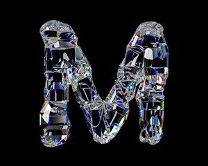 Letters made of natural transparent diamond-like material. 3d illustration of glass alphabet isolated on black background