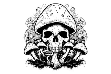 Human skull with mushrooms in woodcut style. Vector engraving sketch illustration for tattoo and print design. - obrazy, fototapety, plakaty