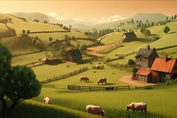 Deurstickers A peaceful countryside with rolling hills and farm with animals © Vladan
