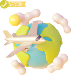 Vector airplane travel icon. Travel around the World by plane. Cartoonish planet Earth and airplane, cloud, sun. Green and blue globe, air flight