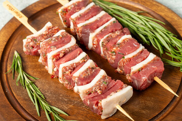 Beef skewer. Shish kebab prepared with raw ribeye and minced meat on a gray background