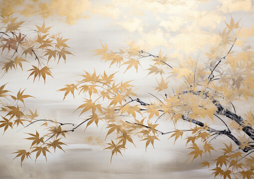 金色の和風の紅葉 水彩画 秋のイメージ壁紙