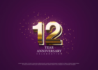 Fototapeta na wymiar 12th anniversary with purple background and gold glitter. vector premium design.