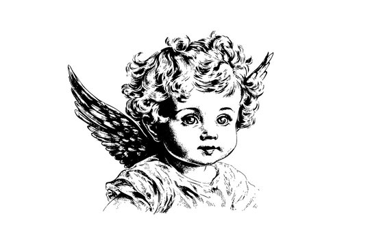 Little angel vector retro style engraving black and white illustration. Cute baby with wings