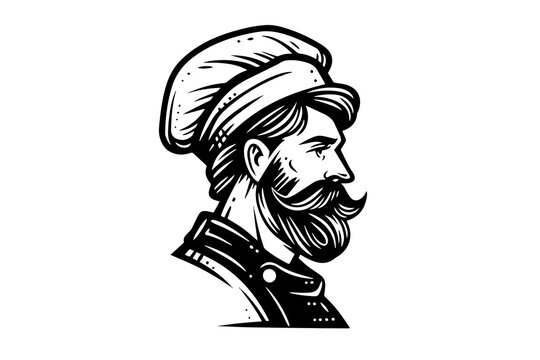 Chef  in a hat side view logotype engraving style vector illustration.