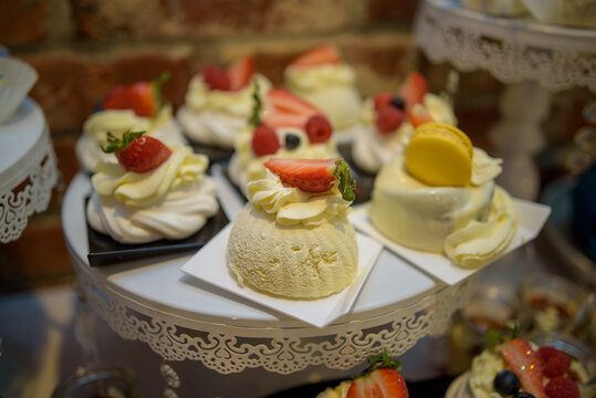 Close-up of Assorted cakes and desserts on a buffet table