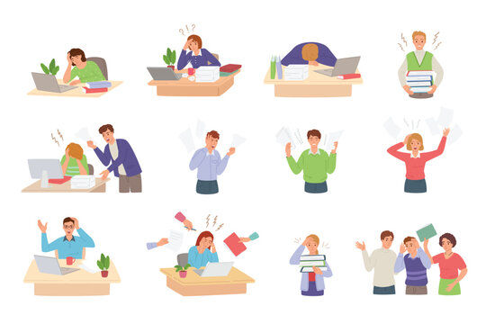 Stress work. Cartoon busy office workers with piles of work, overwhelmed team and ineffective management. Deadline vector illustration set