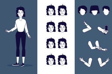 A character to animate your Motion Design. Vector set of a female character with gestures and emotions.