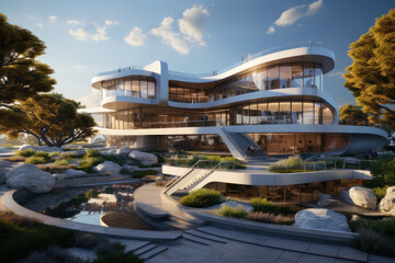Fototapeta premium Modern futuristic luxury house with landscaping. AI generative.