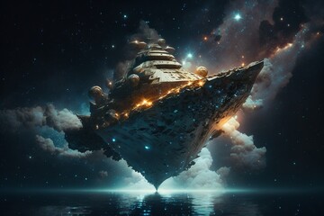 ship floating in starry outer space, Generative AI