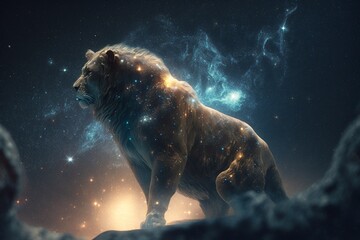 lion floating in starry outer space, Generative AI - obrazy, fototapety, plakaty