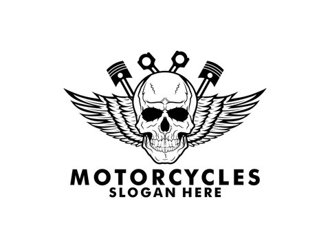 Motorcycle Vintage with Skull and Wing logo concept in black and white colors isolated vector illustration