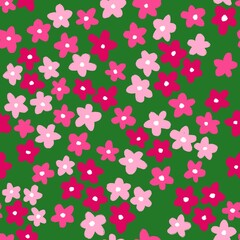 Fototapeta na wymiar Hand drawn seamless pattern with pink green shabby chic flower floral elements lines dots leaves, ditsy summer spring botanical nature print, bloom blossom stylized petals.