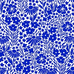 Hand drawn seamless floral flower pattern with cobalt blue wildflowers on white background. Chinoiserie style cottagecore summer garden meadow bloom blossom design, daisy ditsy art .