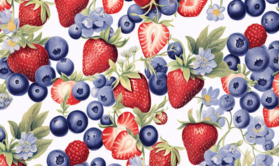 Fototapeta na wymiar a pattern of strawberries, blueberries, and strawberries on a white background. generative ai