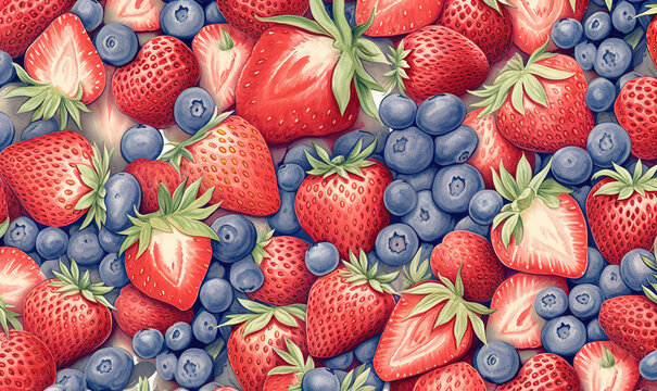  a painting of strawberries and blueberries on a white background.  generative ai