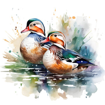 Abstract watercolor painting of a beautiful couple mandarin ducks. A symbol of true love
  and is also an animal of prosperity. Generative AI. Illustration.