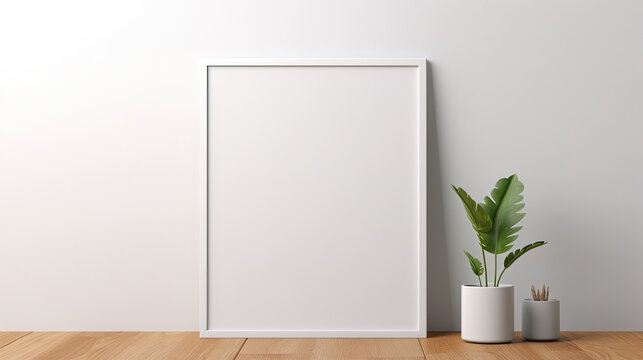 Close-up photo of blank vertical frame leaning against the wall