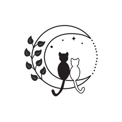 Illustration of hand-drawn cat and moon contour graphics
