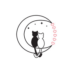 Illustration of hand-drawn cat and moon contour graphics