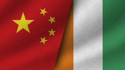 Cote d lvoire and China Realistic Two Flags Together, 3D Illustration