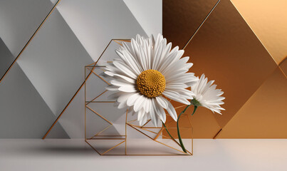  a white flower sitting in a vase next to a gold geometric wall.  generative ai