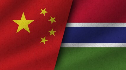 Gambia and China Realistic Two Flags Together, 3D Illustration