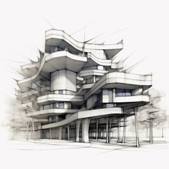 Fototapeta na wymiar Conceptual Drawing of a Multi-Level, Futuristic Building - Representing the Intersection of Urban Planning and Modern Technology. Generative AI.