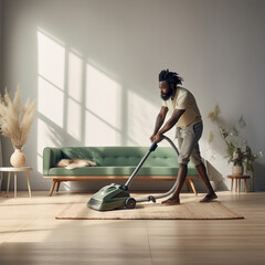 Fototapeta premium Man vacuuming his house. Generative AI.