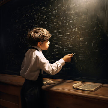 Child writing on a blackboard. Generative AI.