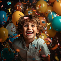 Boy at his birthday party with confetti and balloons. Generative AI.