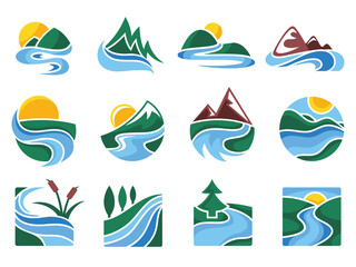 Obraz premium Rivers emblem. Flowing water streams, nature landscape icons and mountain river vector illustration set