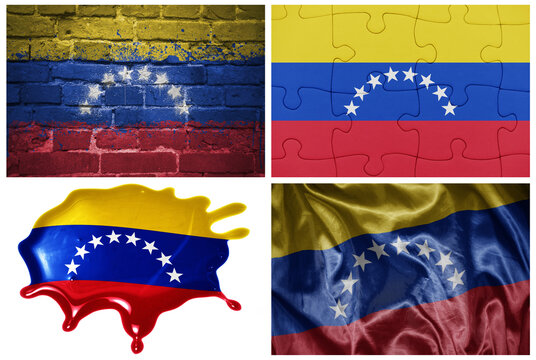 colorful realistic flag of venezuela in different styles and with different textures on the white background.collage. 3D illustration