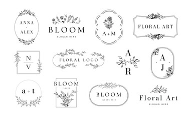 Botanique emblem collection. Floral frames, monogram with blooming flowers and elegant branches. Wedding invitation template vector set