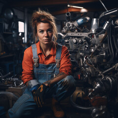 Naklejka na ściany i meble Mechanic woman in the workshop. Generative AI.