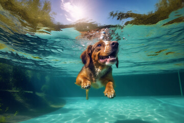fun dog underwater swimming vacation pool water funny snorkeling puppy. Generative AI.