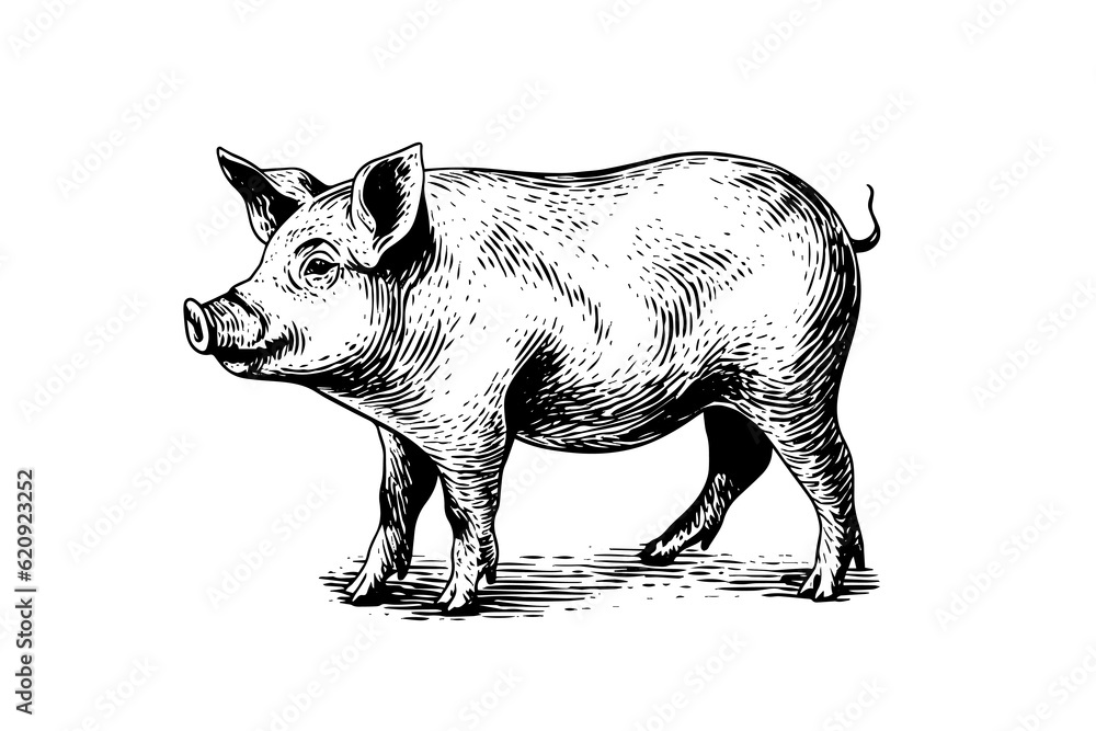 Wall mural vector illustration of pig in engraving style, hand drawing sketch.