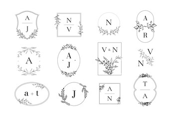 Botanical monogram. Natural emblem with leaves on branches and blooming flowers. Minimal floral frames and nature inspired vector templates collection