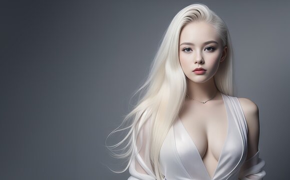 Young albino girl on gray background. Generative AI