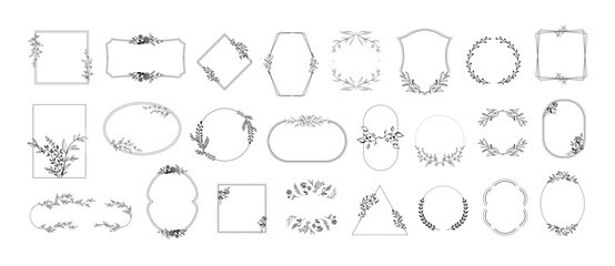 Floral frames. Minimalist shapes border designs with blooming flowers, hand drawn leaves and sketch branch ornaments vector template set