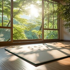Serene Zen: Japanese Tatami Mat Floor with Wooden Frame Shoji Window in Sunlight