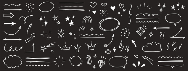 Sketch line arrow element, star, heart shape on chalkboard background. Hand drawn doodle sketch style circle, cloud speech bubble grunge element. Arrow, star, heart decoration. Vector illustration - obrazy, fototapety, plakaty