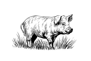 Fototapeta premium Hand drawn engraved vector picture of village landscape with pigs eat grass in the pasture.